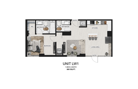 Floor plan for 1 bed, 1.5 baths, 800 sqft